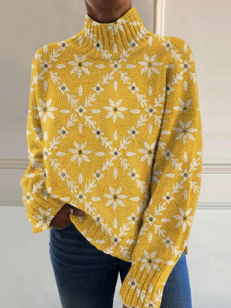 Elle | Vintage colorful floral block print turtleneck sweater